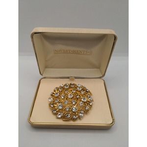 Vintage MJENT Gold Tone Wreath Style Circle Brooch With Clear White Crystal